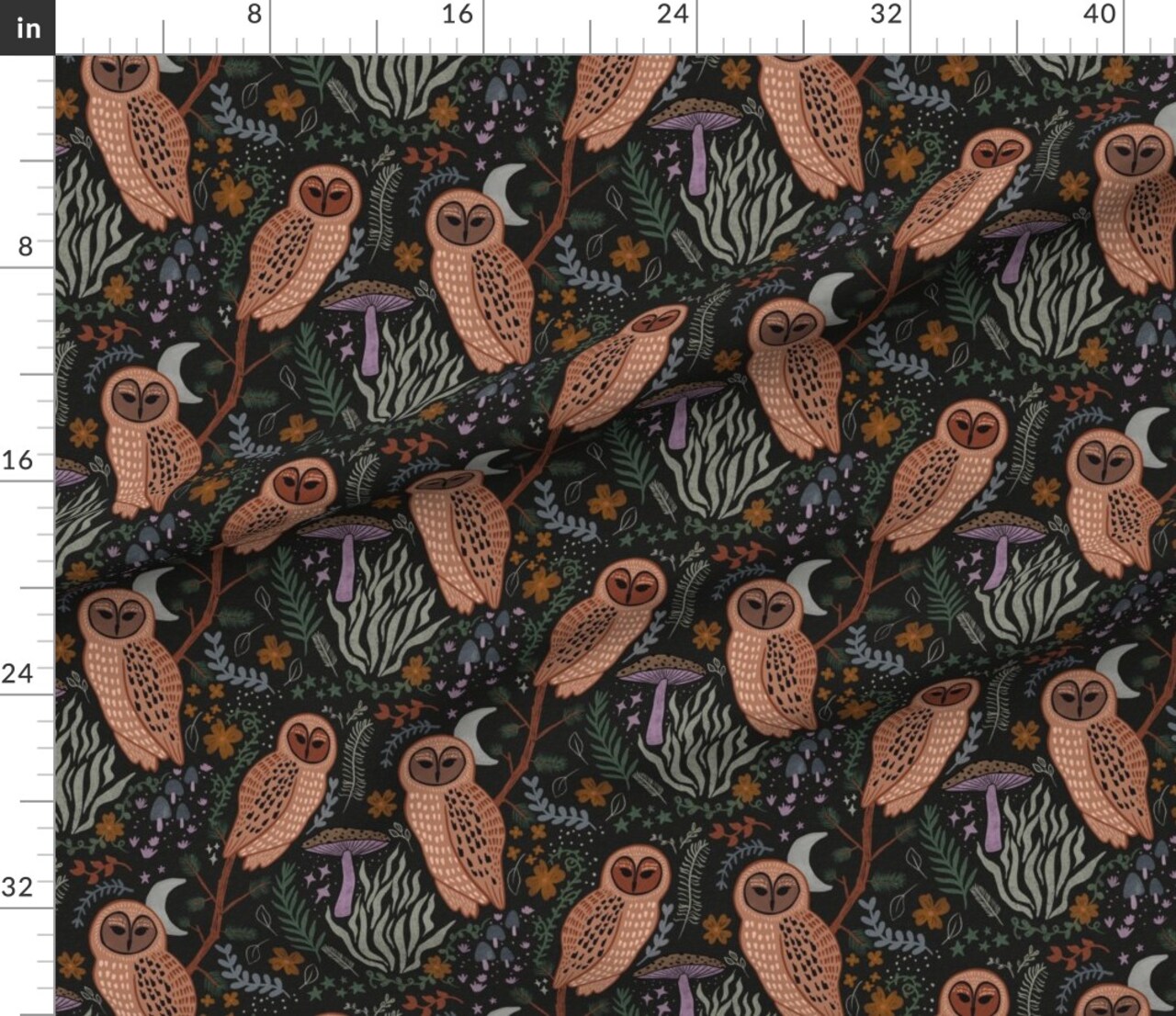 Moody Whimsical Gothic Owls Mushrooms Woodland Creatures Mystical Witchy Dark Academia Whimsigoth Moon Night Sky Witches Large Scale Custom Printed Fabric by Spoonflower Various Fabrics by the Yard or Fat Quarter